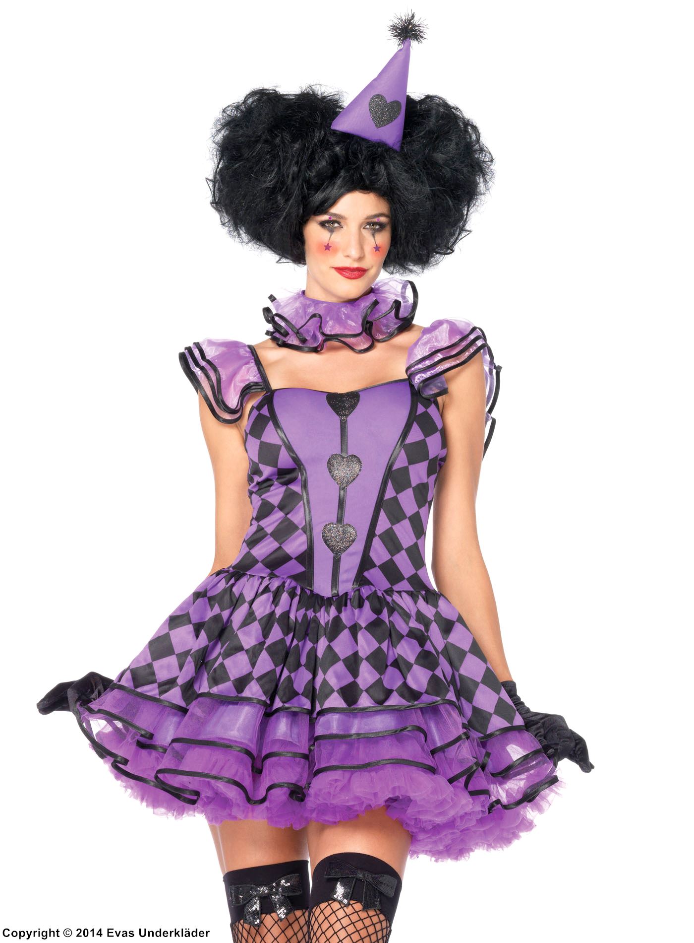 Female clown, costume dress, ruffles, hearts, checkered pattern